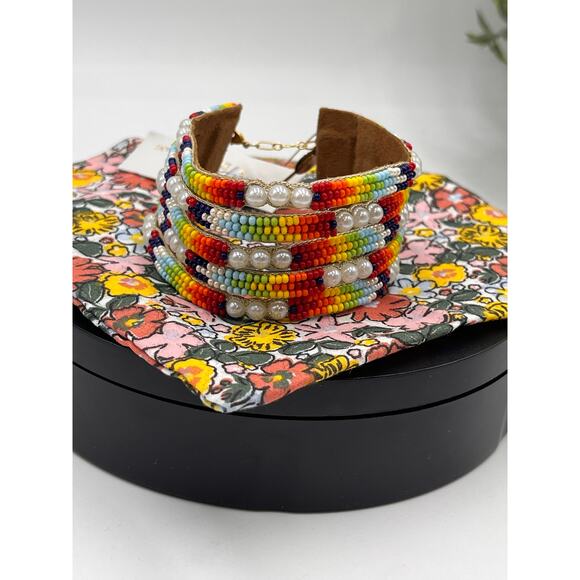 Deepa Gurnani Valli White Faux Pearl Orange/Yellow Multi  Peyote Cuff‎ Bracelet - Picture 3 of 8